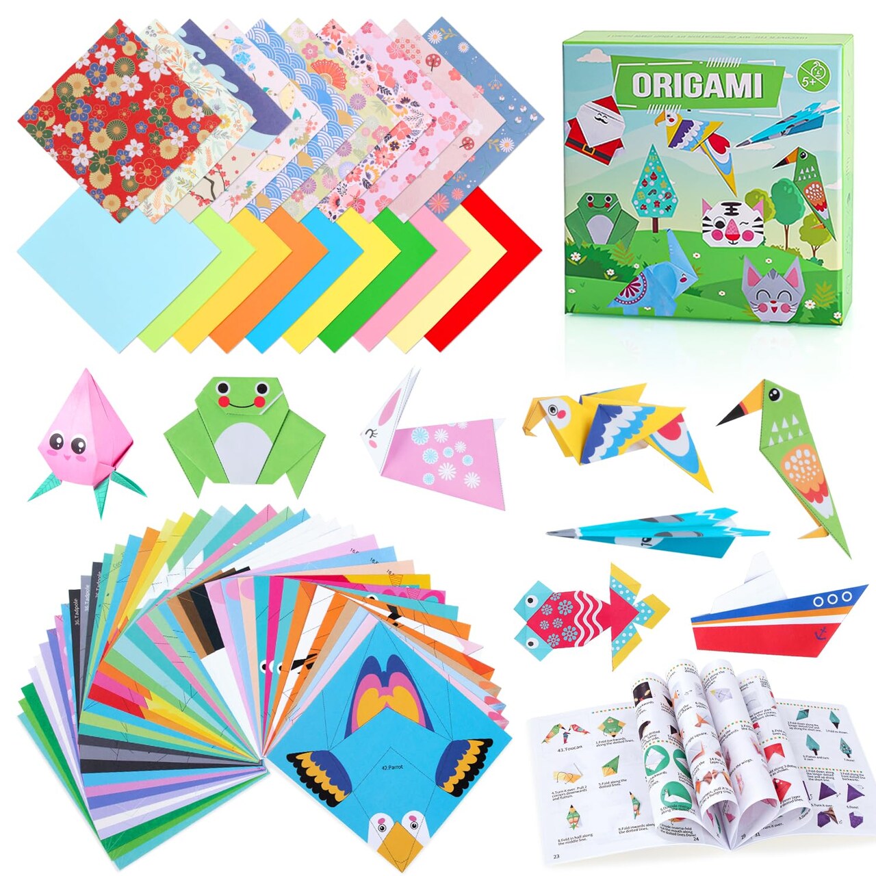 Origami Paper for Kids Crafts, 350 PCS Origami Paper Kit, Vivid 200 Cartoon Origami Objects+100 Solid Color Papers+50 Traditional Japanese Patterns with Instructions, Origami for Kids Adults Beginners